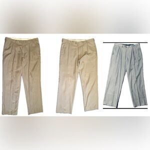 3 pair of Haggar men’s dress pants - light khaki, medium khaki, & gray. 38 x 32